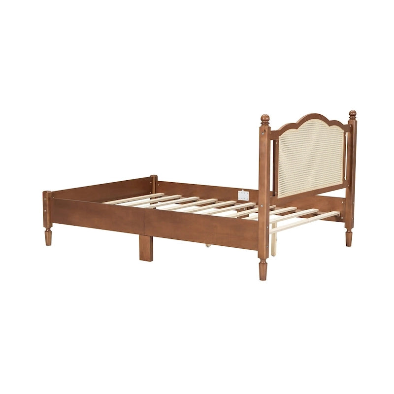 Wooden Platform Bed with Natural Rattan Headboard