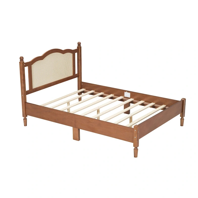 Wooden Platform Bed with Natural Rattan Headboard