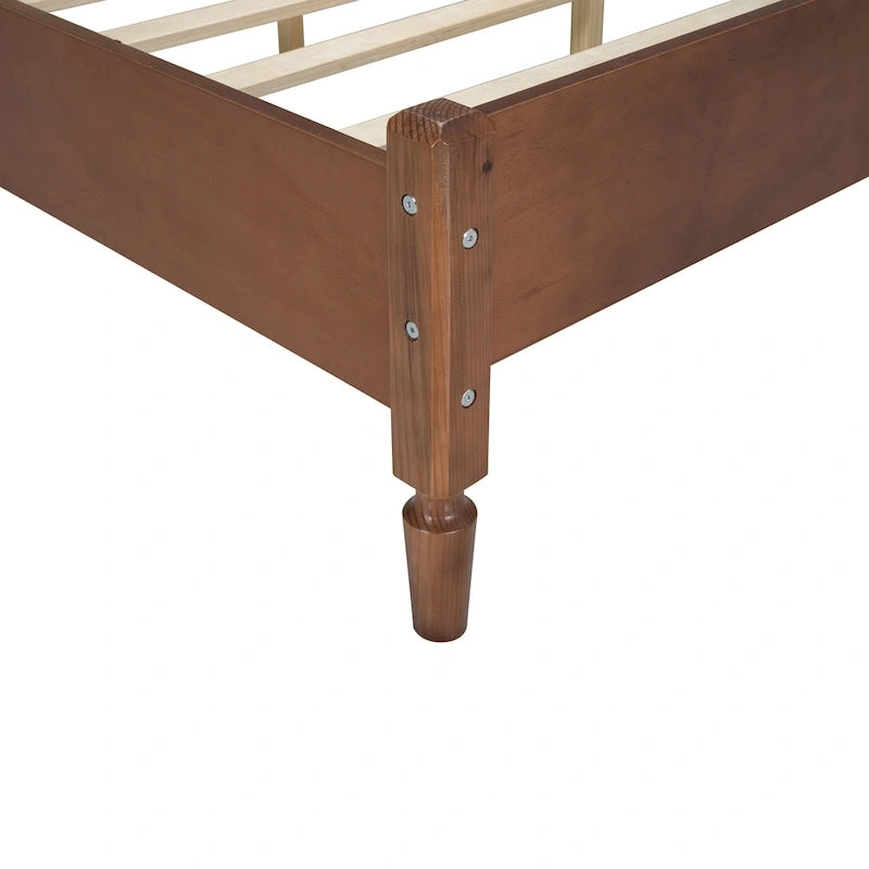 Wooden Platform Bed with Natural Rattan Headboard