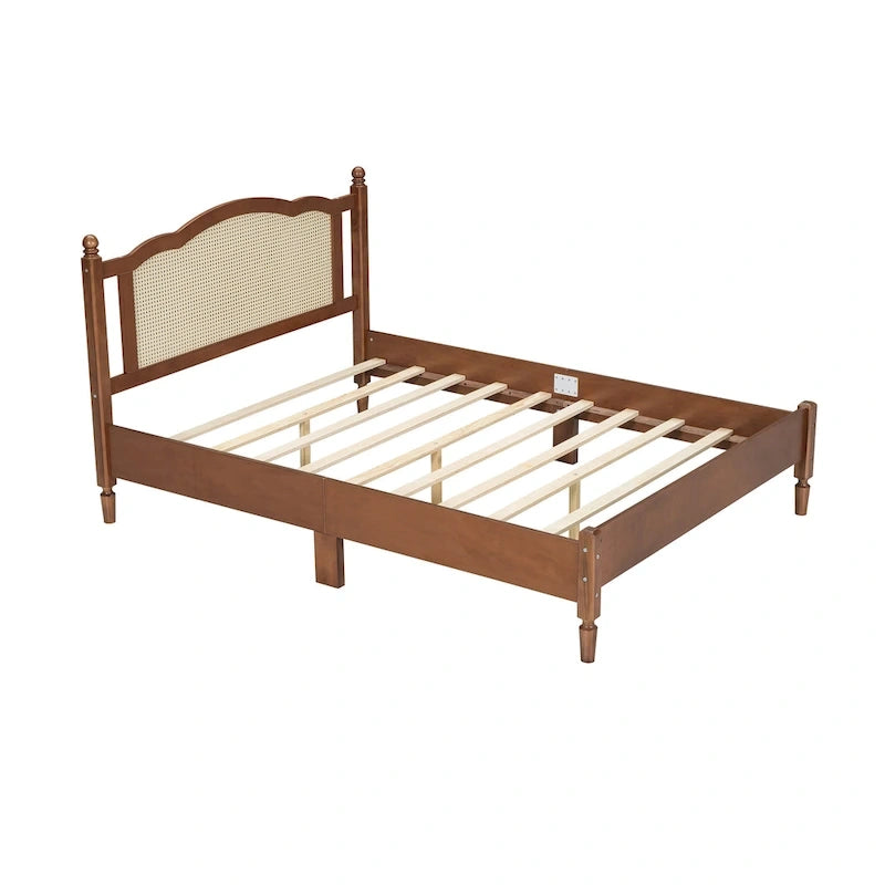 Wooden Platform Bed with Natural Rattan Headboard