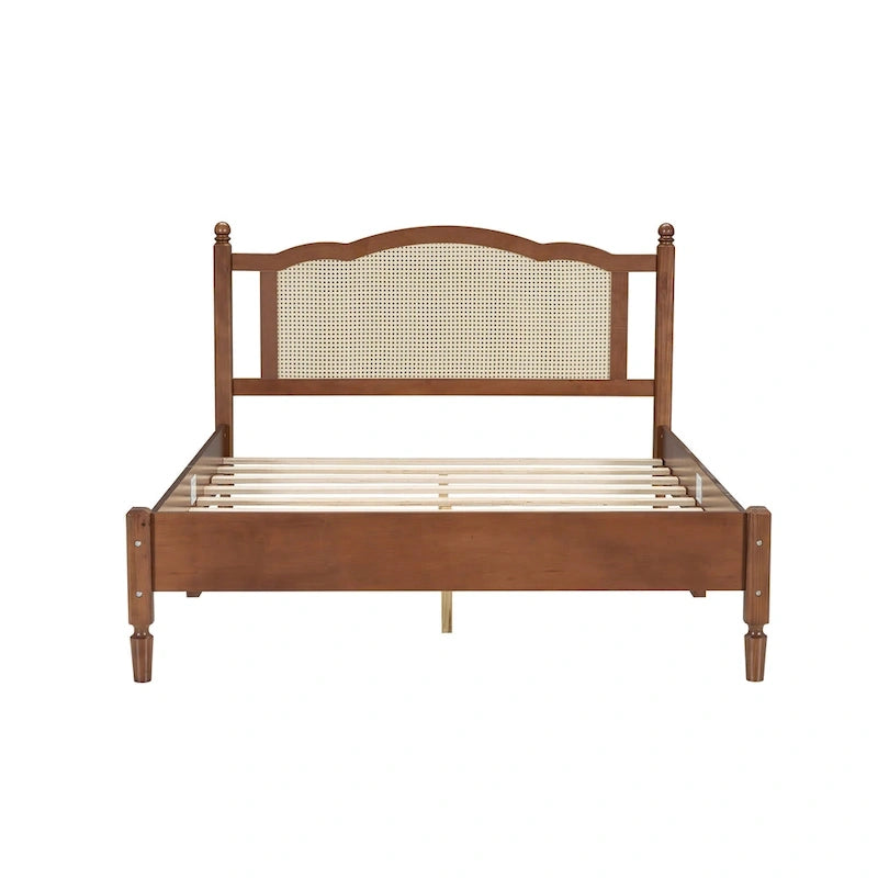 Wooden Platform Bed with Natural Rattan Headboard