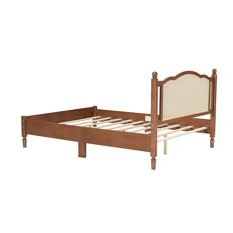 Wooden Platform Bed with Natural Rattan Headboard
