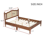 Wooden Platform Bed with Natural Rattan Headboard