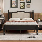 Wooden Platform Bed with Natural Rattan Headboard