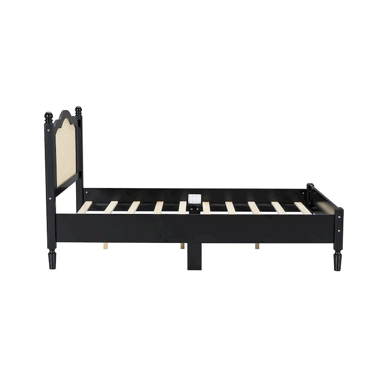 Wooden Platform Bed with Natural Rattan Headboard