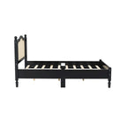 Wooden Platform Bed with Natural Rattan Headboard