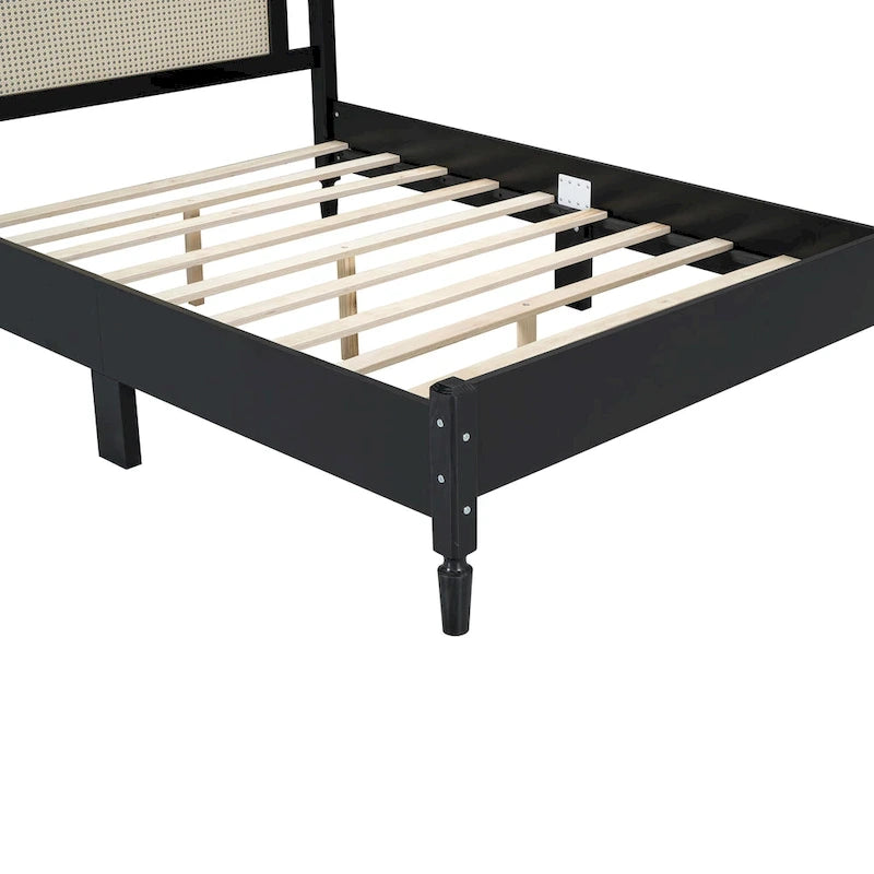 Wooden Platform Bed with Natural Rattan Headboard
