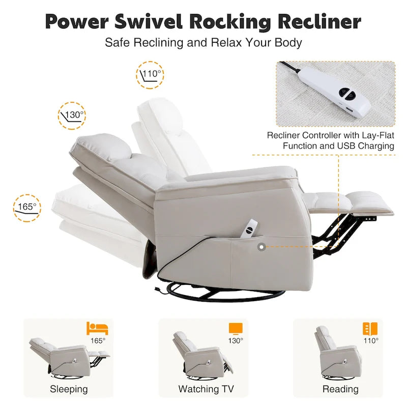 HOMYKA Swivel Power Recliner Faux Leather Glider With USB Port