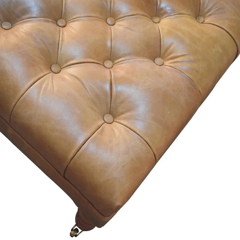 Artisan Furniture Solid Wood Buffalo Tan Leather Ottoman with Castor Legs