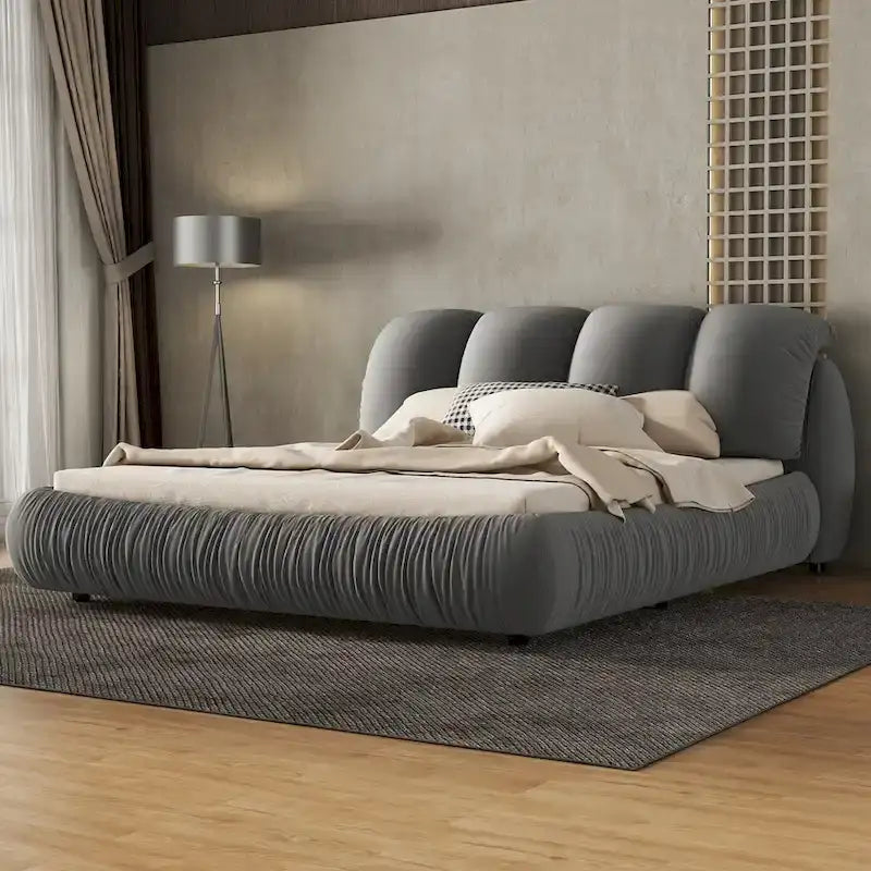 Queen Size Luxury Upholstered Bed With Thick Headboard, Vevet Queen Bed with Oversized Padded Backrest