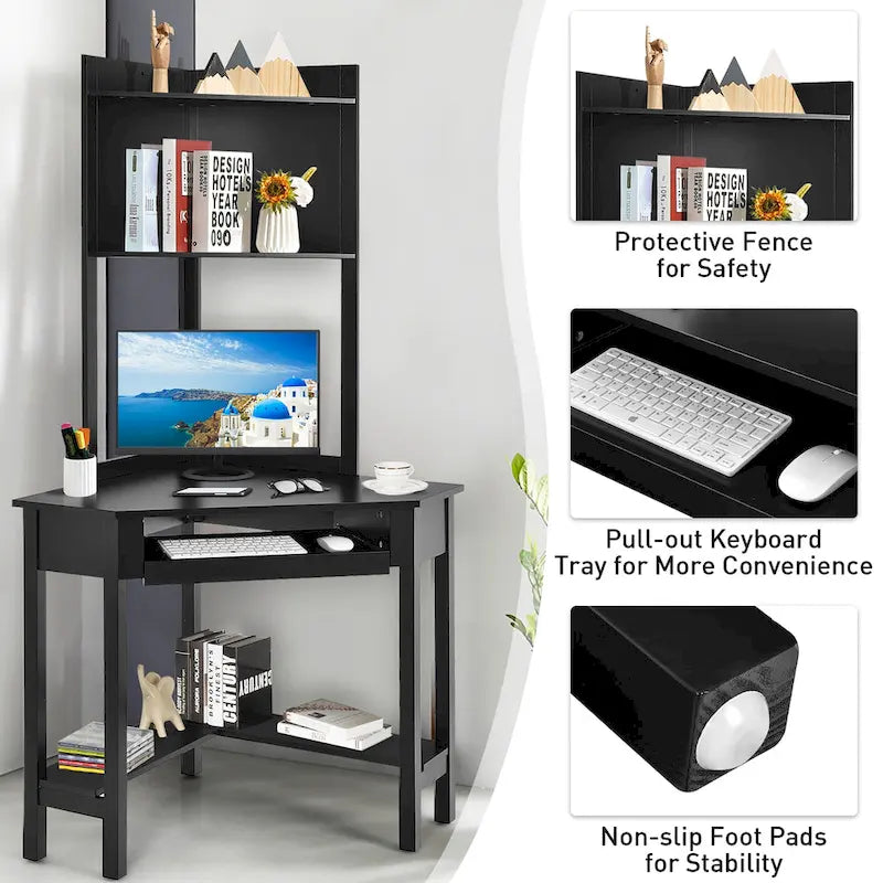 Triangle Corner Desk with Hutch - Bookshelves - Keyboard Tray - Black/White