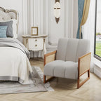 Rattan Accent Chairs, Upholstered Natural Rattan Chair Mid Century Modern Linen Armchair Side Chairs for Living Room Bedroom
