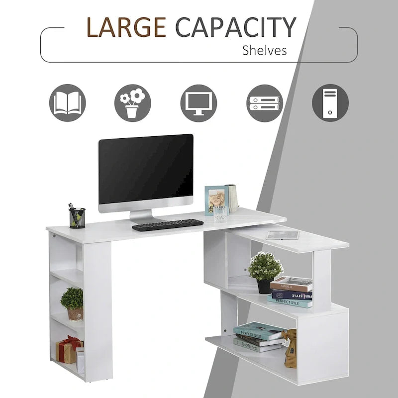 HOMCOM 360 Rotating L-Shaped Corner Desk: White, with Storage Shelves