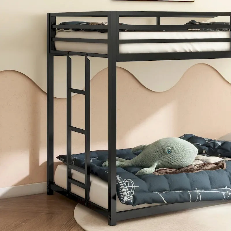 Sturdy Twin over Twin Bunk Bed Metal Black for and Adult, Low Profile Twin over twin bunk bed with Ladder and Guardrails