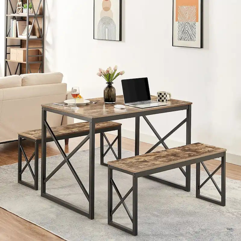VECELO 3-pieces Dining Table with Bench, Dinning Room Table Set for 4-6, Kitchen Table with 2 Benches Dining Table Set
