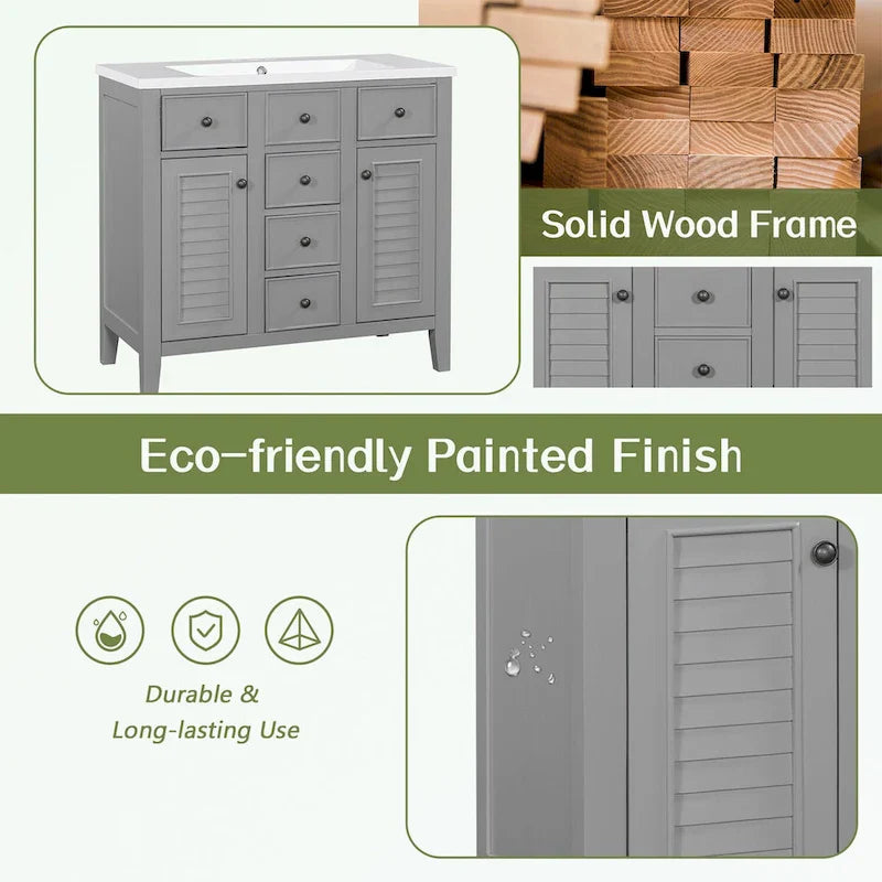 Bathroom Vanity with Ceramic Basin, Two Cabinets and Five Drawers