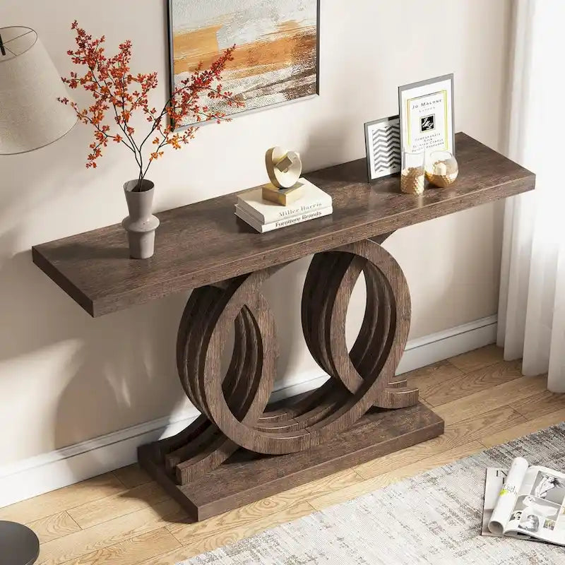 Vintage Console Table with Geometric Base Wooden Hallway Table