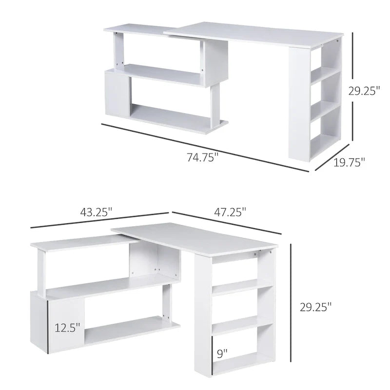 HOMCOM 360 Rotating L-Shaped Corner Desk: White, with Storage Shelves