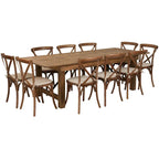 Ensemble table de ferme rustique pliante 8' x 40 avec 10 chaises à dossier croisé et coussins