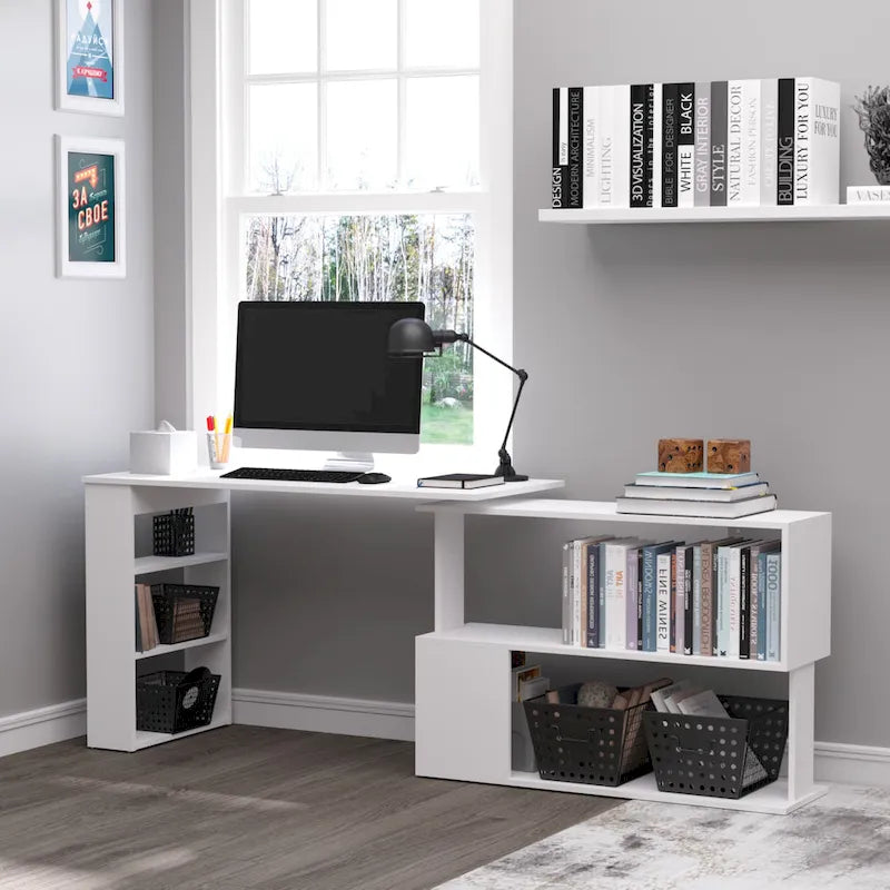 HOMCOM 360 Rotating L-Shaped Corner Desk: White, with Storage Shelves