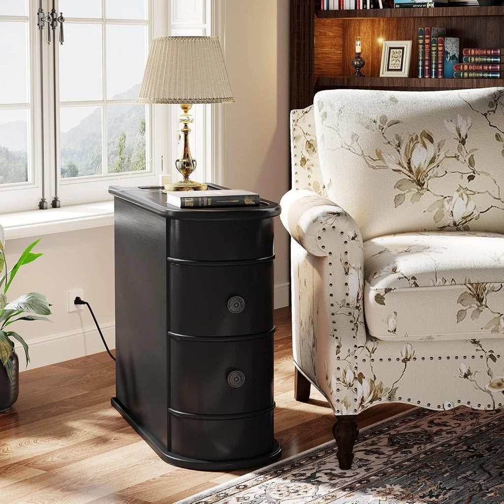 Solid Wood Chairside End Table, Two-Drawer Narrow Side Table Slim