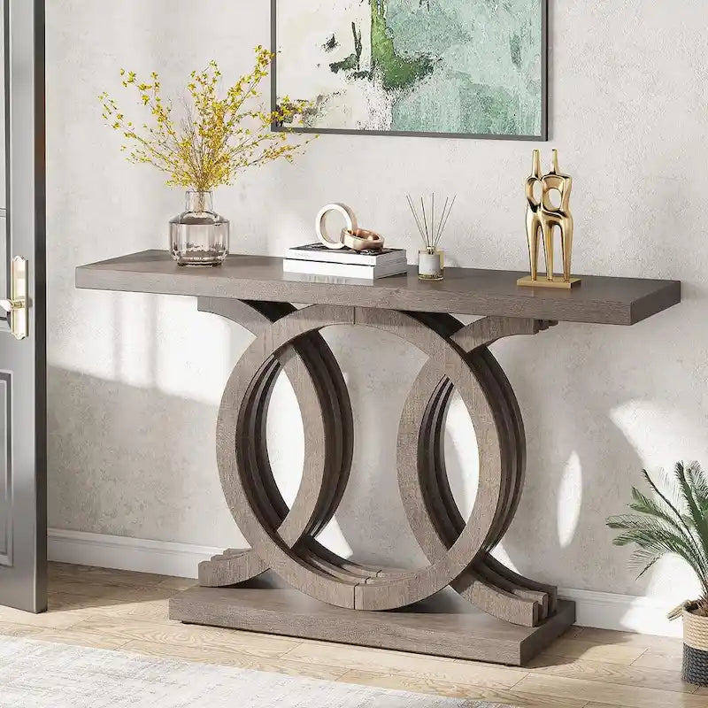 Vintage Console Table with Geometric Base Wooden Hallway Table