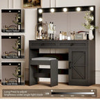 Roomfitters Farmhouse Makeup Vanity with Lights, Vanity Desk with Barn Door, 2 Drawers Makeup Table with Lighted Mirror
