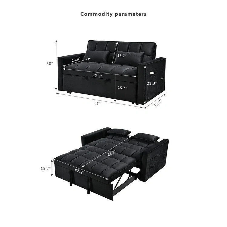 Modern Velvet Futon Loveseat with Reclining Backrest & Pockets, Seats 2 鈥?Dark Gray / Light Gray / Blue / Black